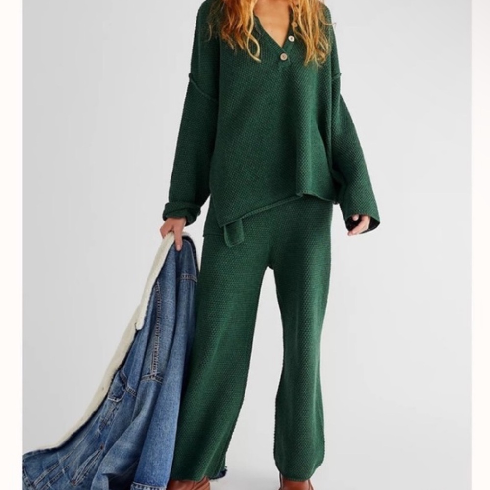 (L) Free People Hailee Waffle Knit Pants Green Cotton Large Wide Leg High Rise